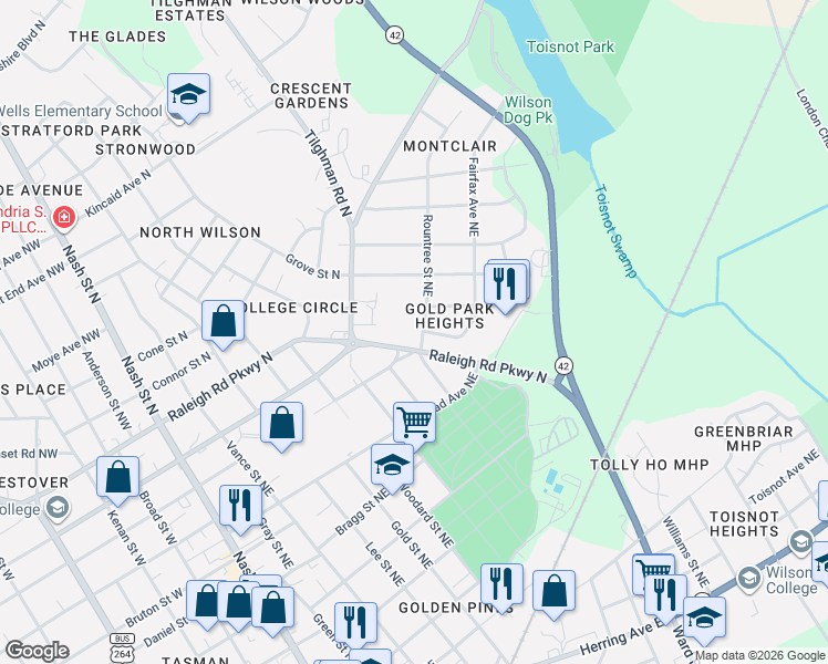 map of restaurants, bars, coffee shops, grocery stores, and more near 813 Rountree Street Northeast in Wilson
