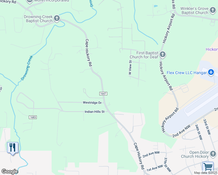 map of restaurants, bars, coffee shops, grocery stores, and more near 470 Cape Hickory Road in Hickory