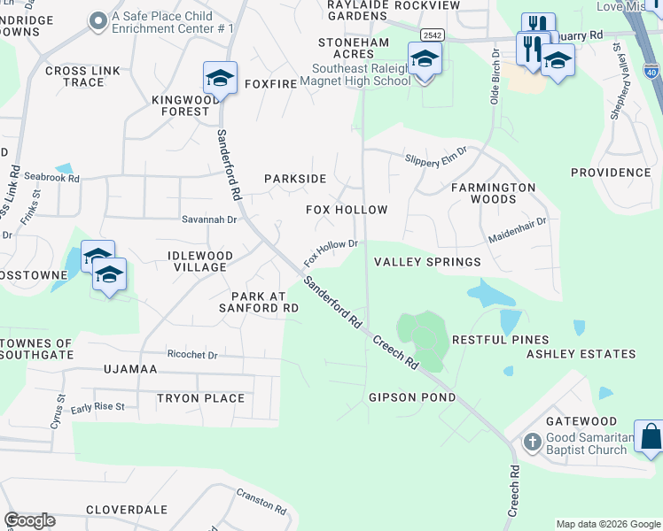 map of restaurants, bars, coffee shops, grocery stores, and more near 1720 Fox Hollow Drive in Raleigh