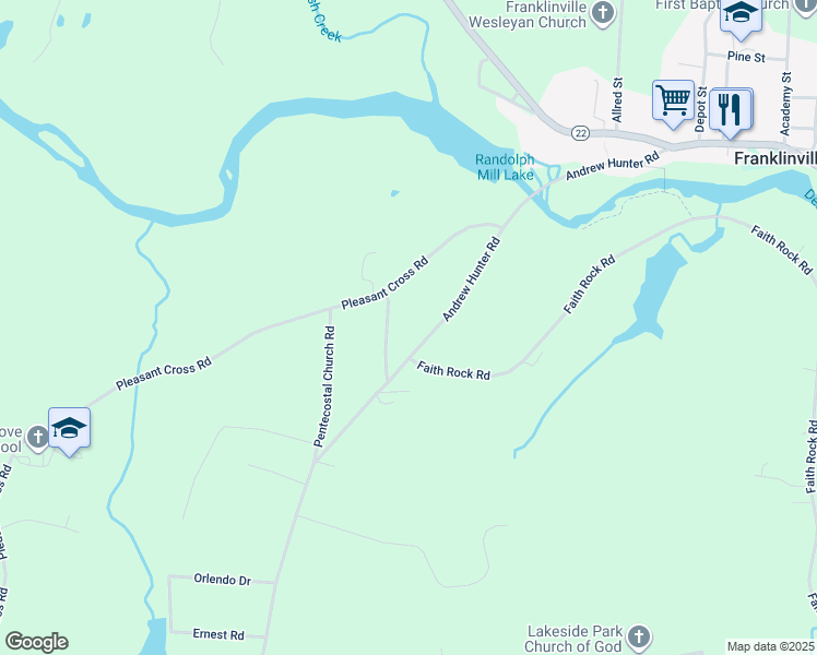map of restaurants, bars, coffee shops, grocery stores, and more near Andrew Hunter Road in Franklinville