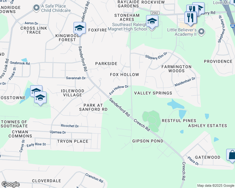 map of restaurants, bars, coffee shops, grocery stores, and more near 2808 Ferrett Court in Raleigh