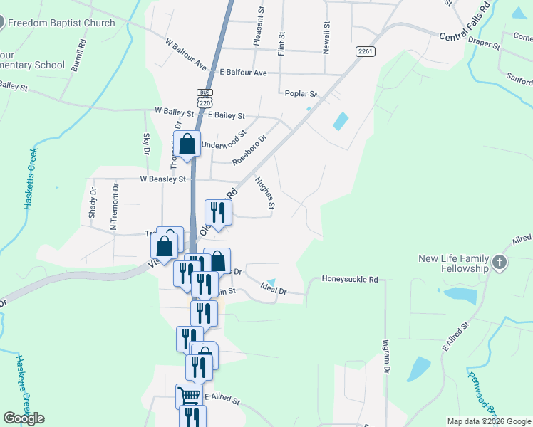 map of restaurants, bars, coffee shops, grocery stores, and more near 227 Hughes Street in Asheboro