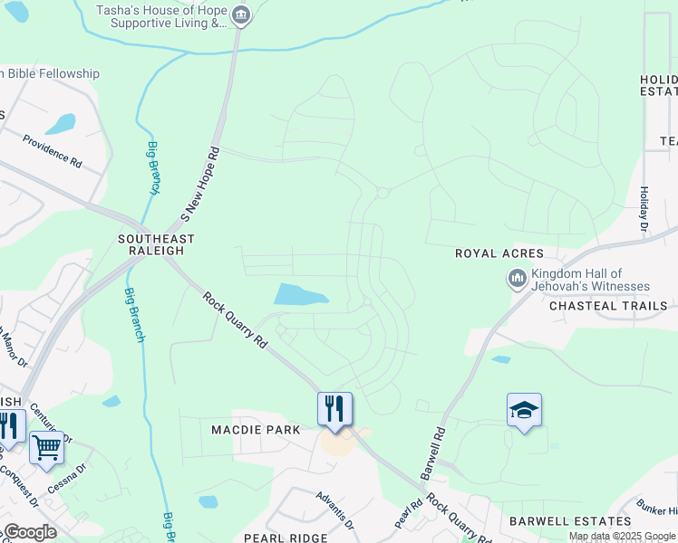 map of restaurants, bars, coffee shops, grocery stores, and more near 5205 Rock Quarry Road in Raleigh