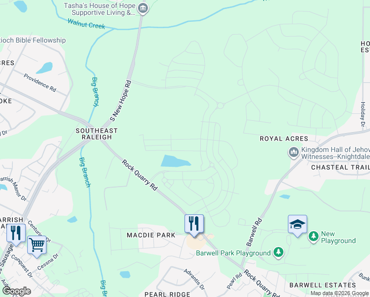 map of restaurants, bars, coffee shops, grocery stores, and more near 5135 Rock Quarry Road in Raleigh