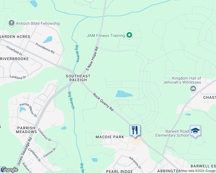 map of restaurants, bars, coffee shops, grocery stores, and more near 2281 South New Hope Road in Raleigh