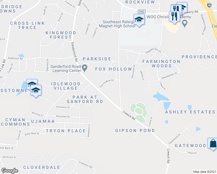 map of restaurants, bars, coffee shops, grocery stores, and more near 1720 Fox Hollow Drive in Raleigh