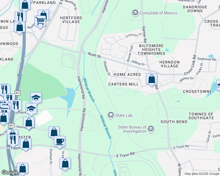 map of restaurants, bars, coffee shops, grocery stores, and more near 3057 Morgans Mill Court in Raleigh