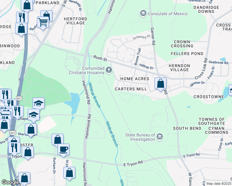 map of restaurants, bars, coffee shops, grocery stores, and more near 3057 Morgans Mill Court in Raleigh