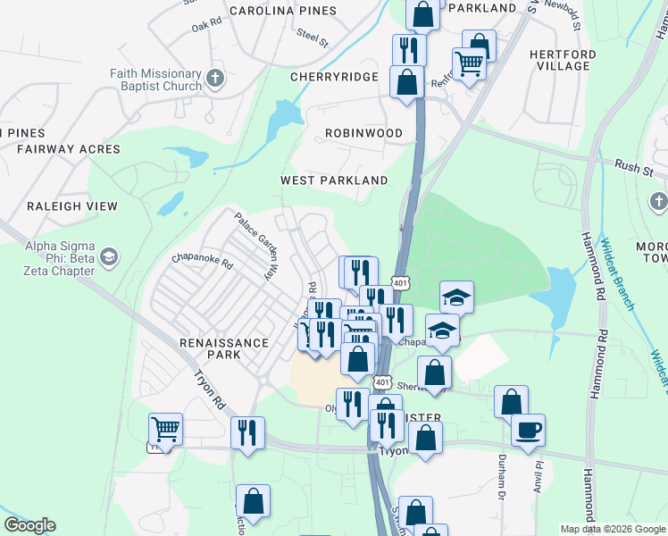 map of restaurants, bars, coffee shops, grocery stores, and more near 1099 Renewal Place in Raleigh