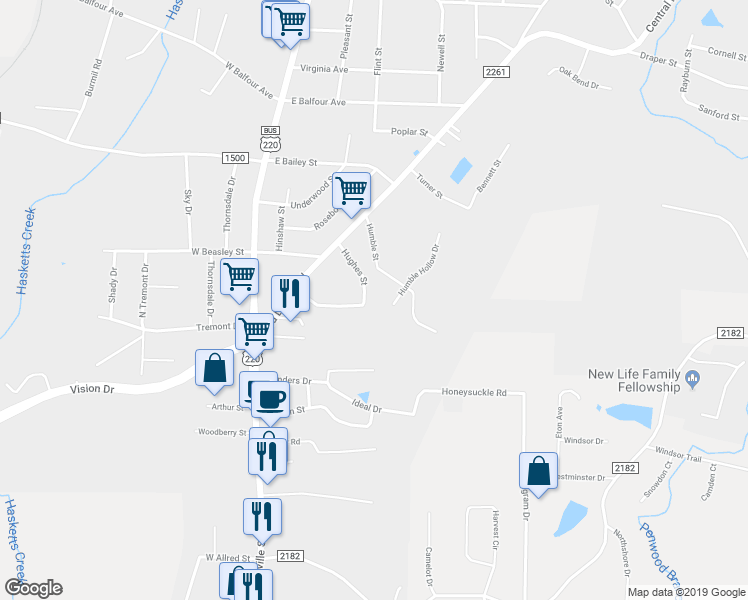 map of restaurants, bars, coffee shops, grocery stores, and more near 1563 Humble Street in Asheboro