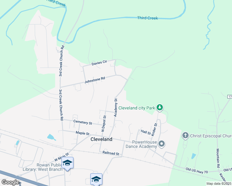 map of restaurants, bars, coffee shops, grocery stores, and more near 401 Academy St in Cleveland