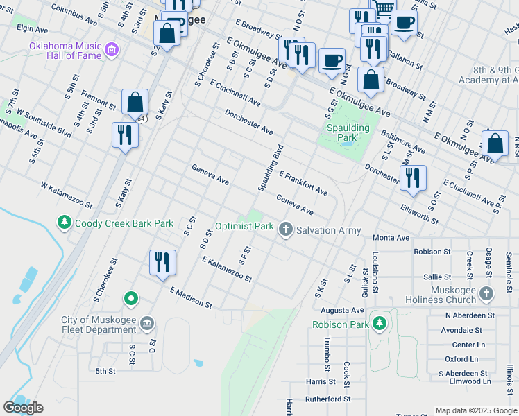 map of restaurants, bars, coffee shops, grocery stores, and more near 605 Geneva Avenue in Muskogee