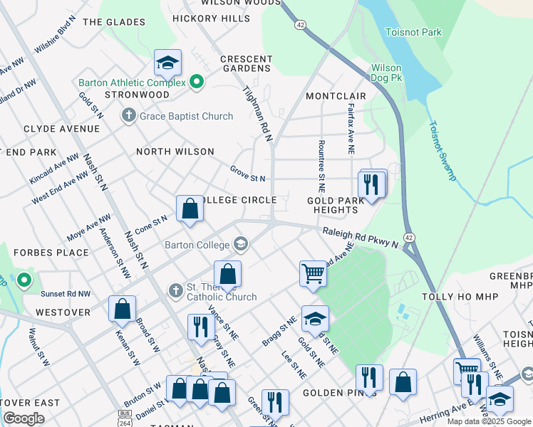 map of restaurants, bars, coffee shops, grocery stores, and more near 807 Corbett Avenue North in Wilson