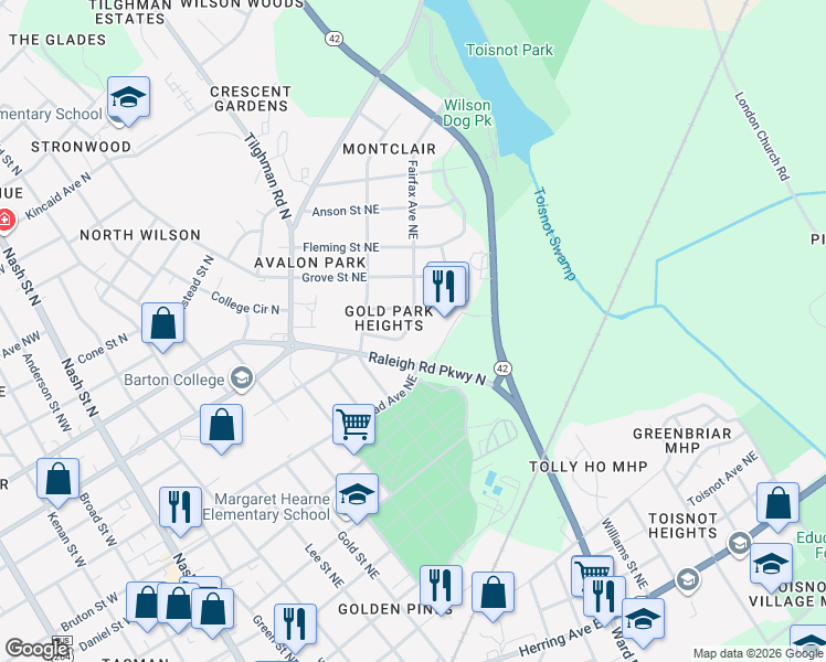 map of restaurants, bars, coffee shops, grocery stores, and more near 603 Lynwood Avenue Northeast in Wilson