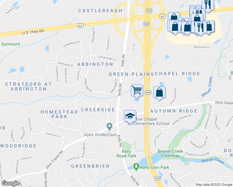 map of restaurants, bars, coffee shops, grocery stores, and more near 520 Kellyridge Drive in Apex
