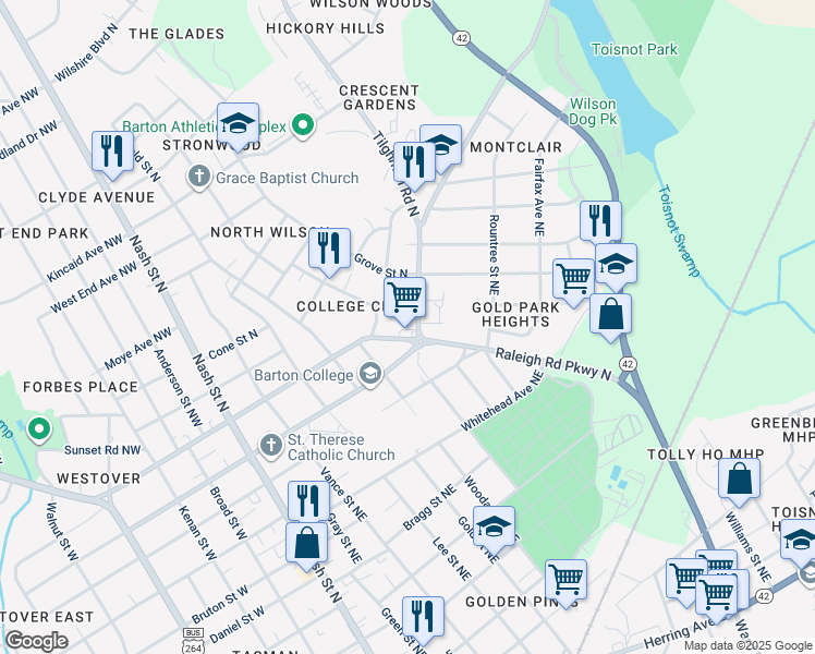map of restaurants, bars, coffee shops, grocery stores, and more near 807 Corbett Avenue North in Wilson