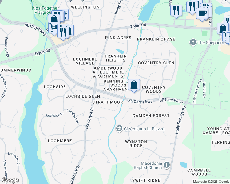 map of restaurants, bars, coffee shops, grocery stores, and more near 205 Spartacus Court in Cary