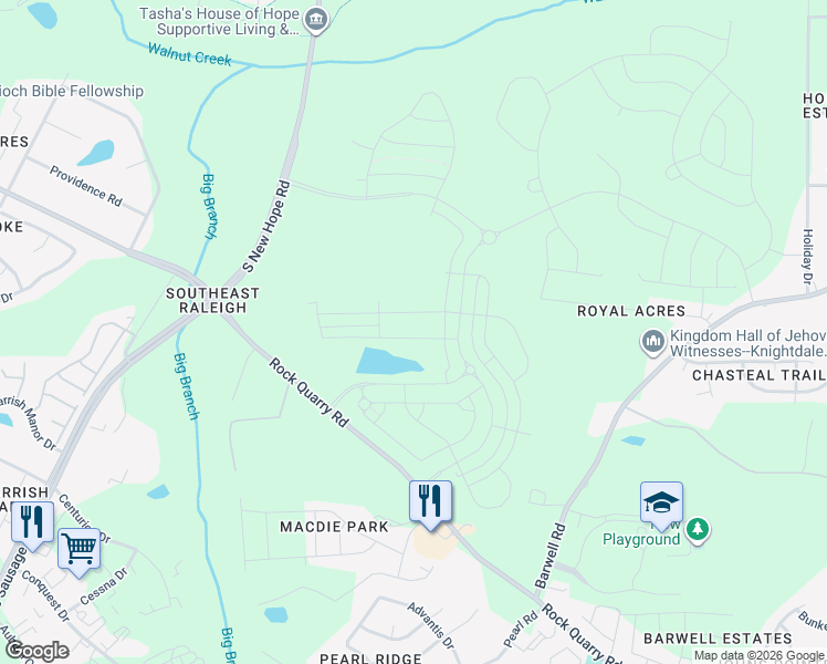 map of restaurants, bars, coffee shops, grocery stores, and more near 5135 Rock Quarry Road in Raleigh