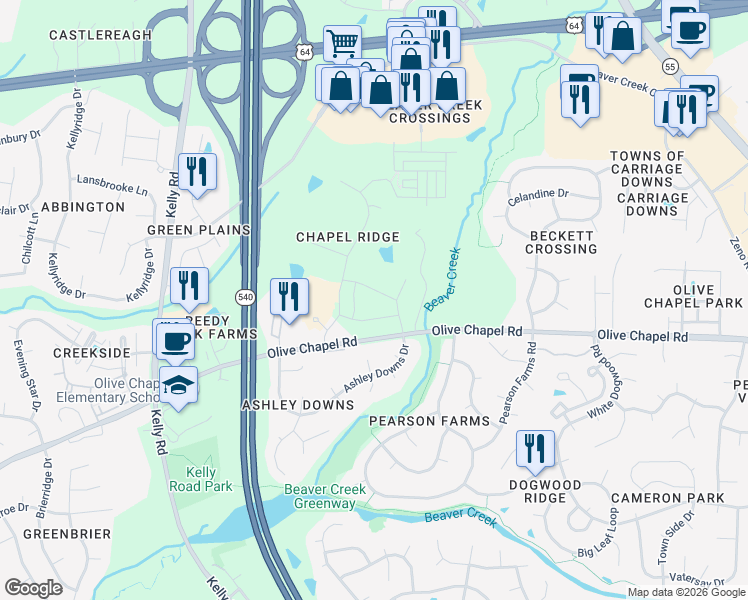 map of restaurants, bars, coffee shops, grocery stores, and more near 1401 Barnside Lane in Apex