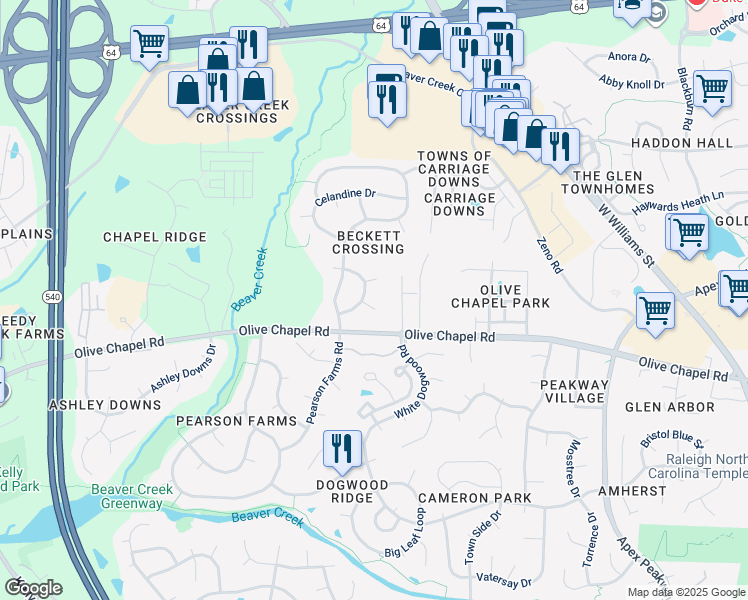 map of restaurants, bars, coffee shops, grocery stores, and more near 1204 Alderwood Court in Apex