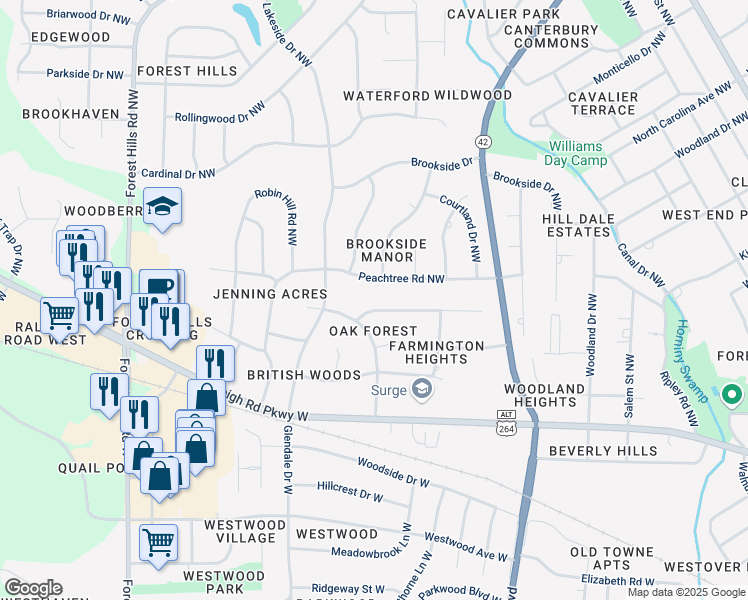 map of restaurants, bars, coffee shops, grocery stores, and more near 1224 Kingswood Road Northwest in Wilson