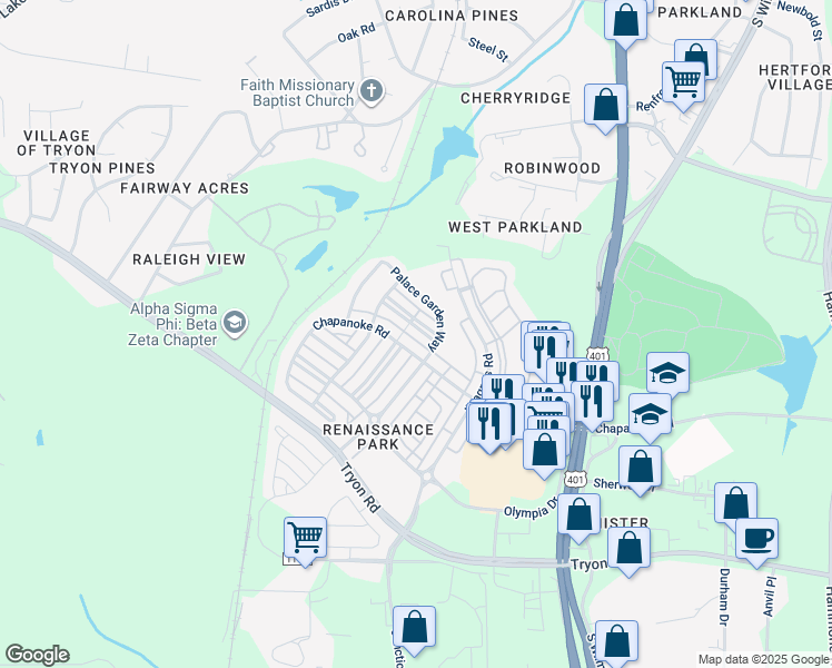 map of restaurants, bars, coffee shops, grocery stores, and more near 625 Democracy Street in Raleigh