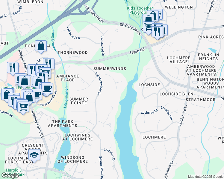 map of restaurants, bars, coffee shops, grocery stores, and more near 204 East Green Forest Drive in Cary