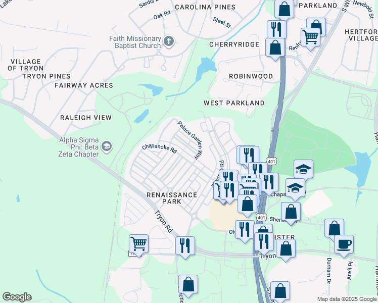 map of restaurants, bars, coffee shops, grocery stores, and more near 625 Democracy Street in Raleigh