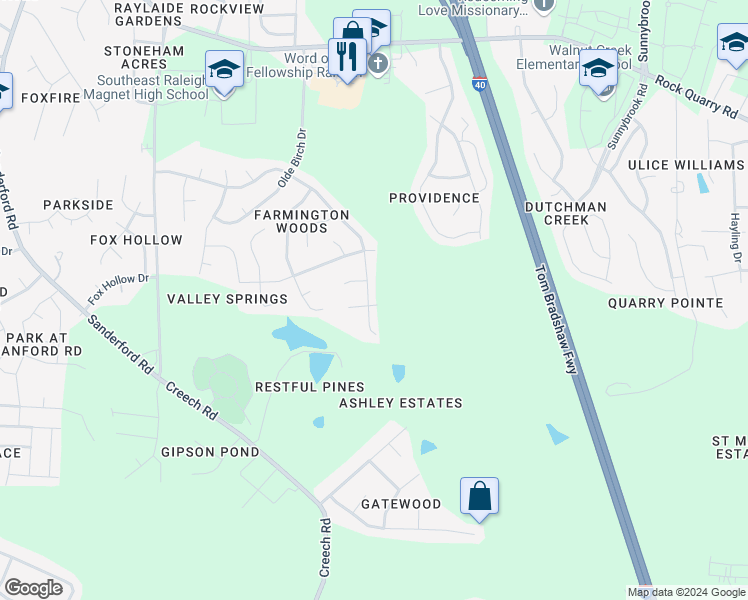 map of restaurants, bars, coffee shops, grocery stores, and more near 3301 Slippery Elm Drive in Raleigh