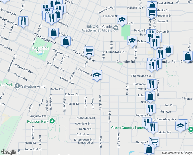 map of restaurants, bars, coffee shops, grocery stores, and more near 1705 East Cincinnati Avenue in Muskogee