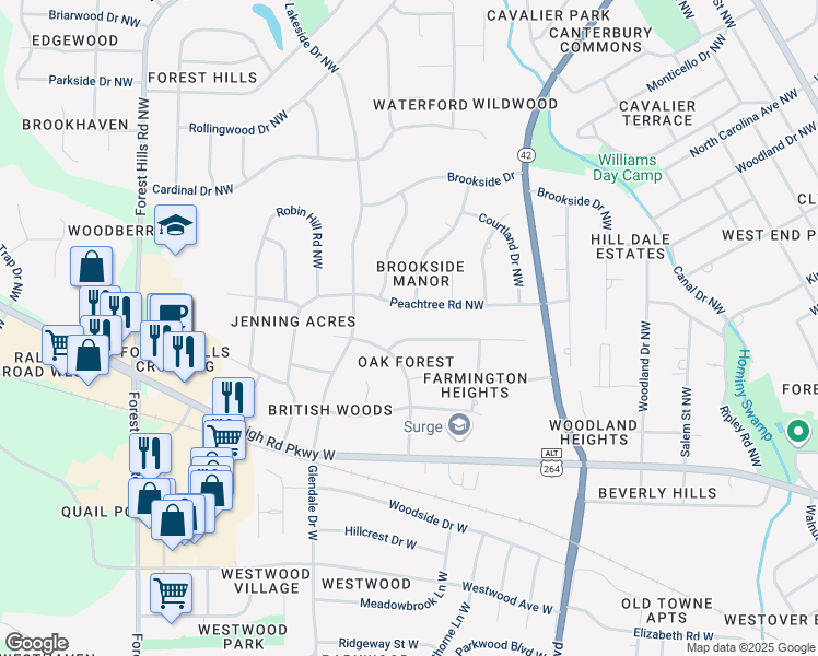 map of restaurants, bars, coffee shops, grocery stores, and more near 1224 Kingswood Road Northwest in Wilson