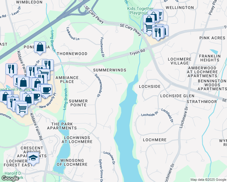 map of restaurants, bars, coffee shops, grocery stores, and more near 204 East Green Forest Drive in Cary