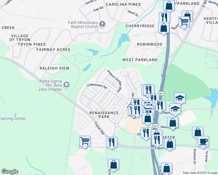 map of restaurants, bars, coffee shops, grocery stores, and more near 702 Chapanoke Road in Raleigh