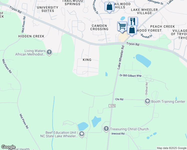 map of restaurants, bars, coffee shops, grocery stores, and more near 2709 Bethune Drive in Raleigh