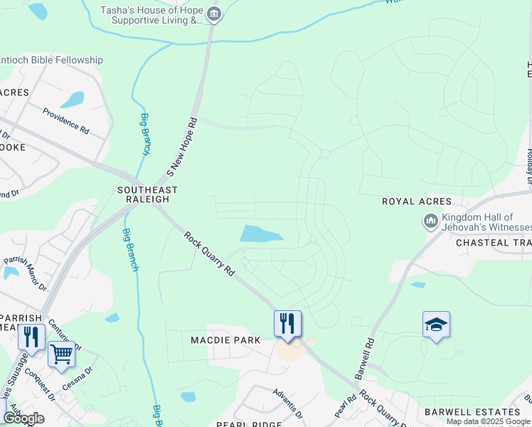 map of restaurants, bars, coffee shops, grocery stores, and more near 5135 Rock Quarry Road in Raleigh