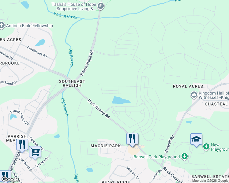 map of restaurants, bars, coffee shops, grocery stores, and more near 2281 South New Hope Road in Raleigh