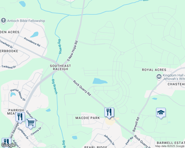 map of restaurants, bars, coffee shops, grocery stores, and more near 2281 South New Hope Road in Raleigh