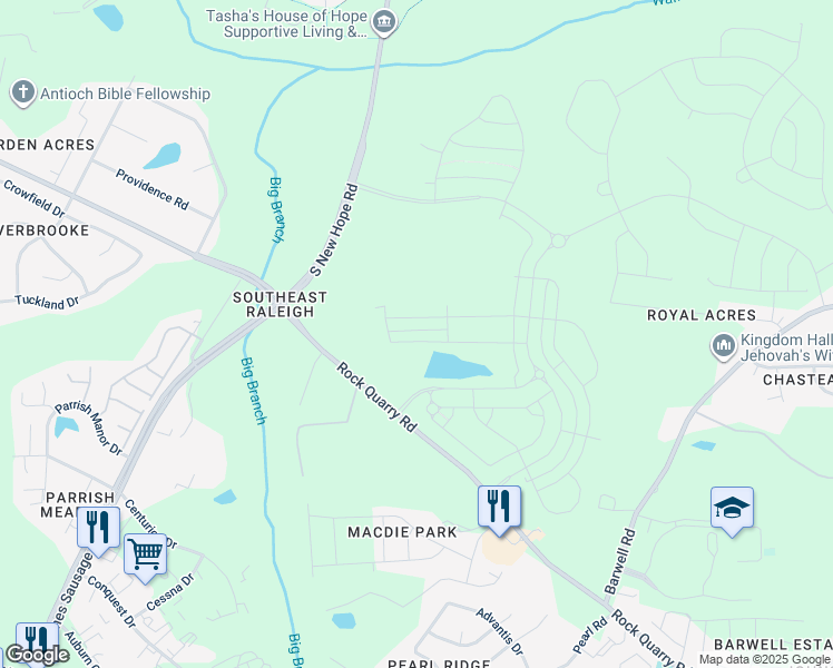 map of restaurants, bars, coffee shops, grocery stores, and more near 2281 South New Hope Road in Raleigh