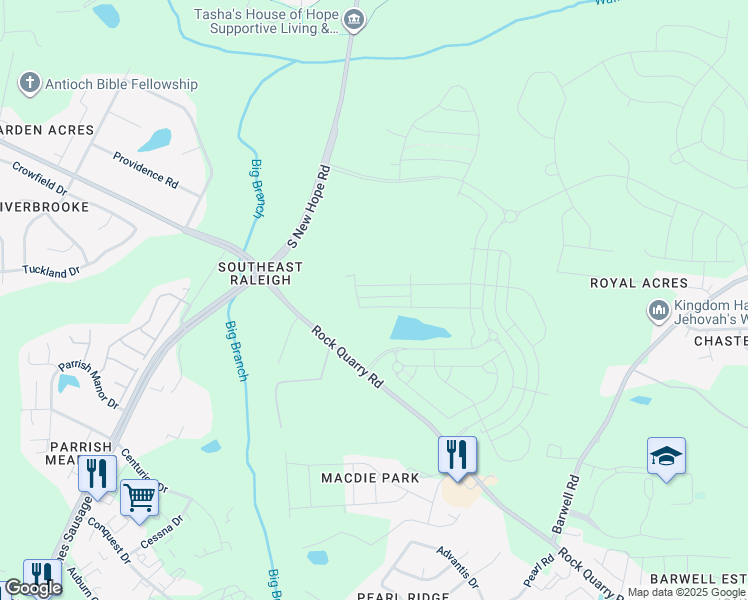map of restaurants, bars, coffee shops, grocery stores, and more near 2281 South New Hope Road in Raleigh