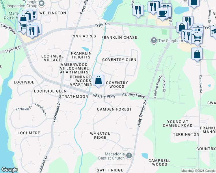 map of restaurants, bars, coffee shops, grocery stores, and more near 205 Danton Drive in Cary