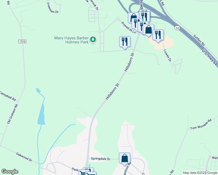 map of restaurants, bars, coffee shops, grocery stores, and more near 1395 Hillsboro Street in Pittsboro