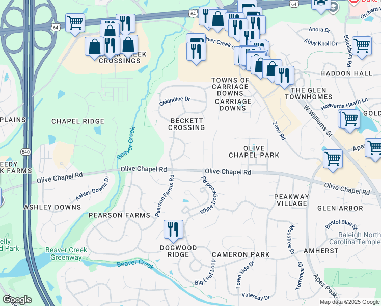 map of restaurants, bars, coffee shops, grocery stores, and more near 1204 Alderwood Court in Apex