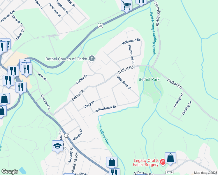 map of restaurants, bars, coffee shops, grocery stores, and more near 442 Bethel Road in Morganton