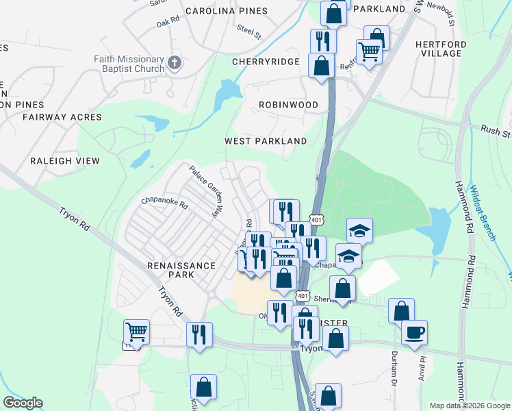 map of restaurants, bars, coffee shops, grocery stores, and more near 414 Stone Flower Lane in Raleigh