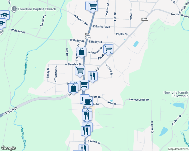 map of restaurants, bars, coffee shops, grocery stores, and more near 209 Hughes Street in Asheboro