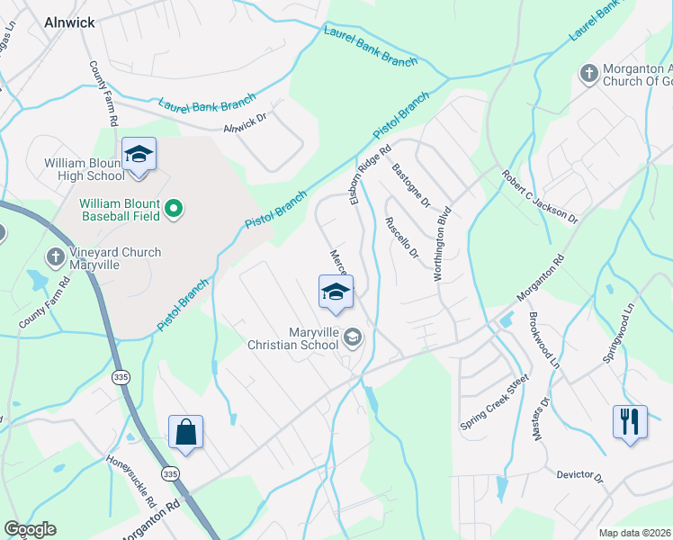 map of restaurants, bars, coffee shops, grocery stores, and more near 1013 Mercer Drive in Maryville