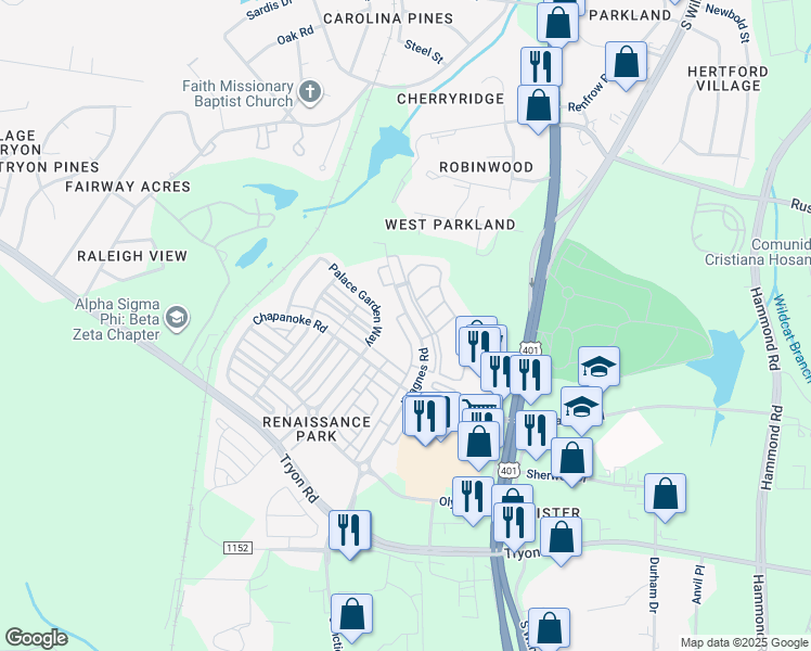 map of restaurants, bars, coffee shops, grocery stores, and more near 1032 Ileagnes Road in Raleigh