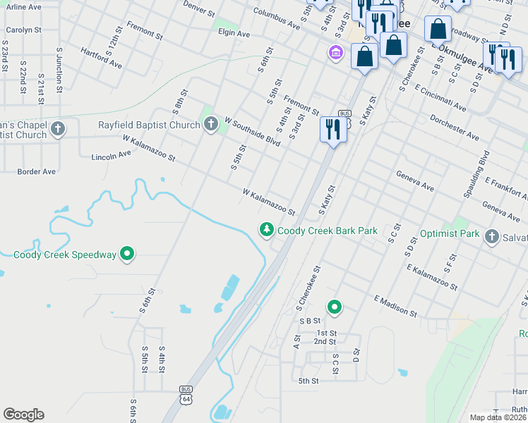 map of restaurants, bars, coffee shops, grocery stores, and more near 1114 South 3rd Street in Muskogee