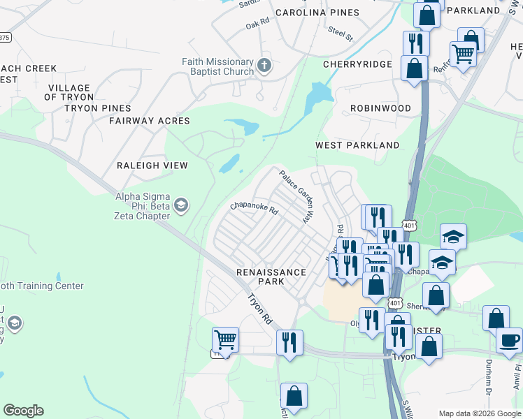 map of restaurants, bars, coffee shops, grocery stores, and more near 800 Chapanoke Road in Raleigh