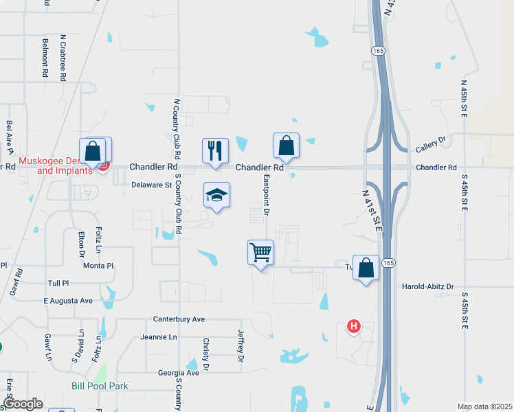 map of restaurants, bars, coffee shops, grocery stores, and more near 201 Eastpoint Drive in Muskogee